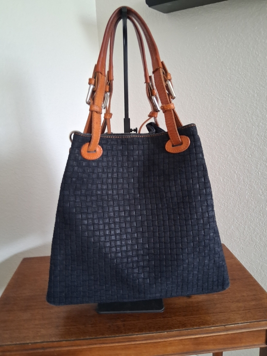 Source Unknown Handbags - Itaian Suede Women's Woven Black Tote with Tan Leather Handles